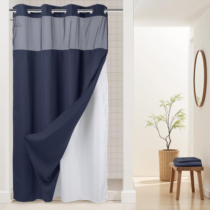 River Dream Heavyweight No Hooks Required Dotted Waffle Weave Shower Curtain with Snap in Liner -Stall 54W x 80H,Hotel Grade,Spa Like Bath Curtain,Navy - Image 1